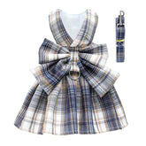 Tikwek Dog Clothes for Small Dogs Girl, Plaid Dog Dress Bow Tie Harness Leash Set, Puppy Cute Bow Skirt, Pet Outfits with Leash Ring,XS M Pet Skirt(Navy,M)